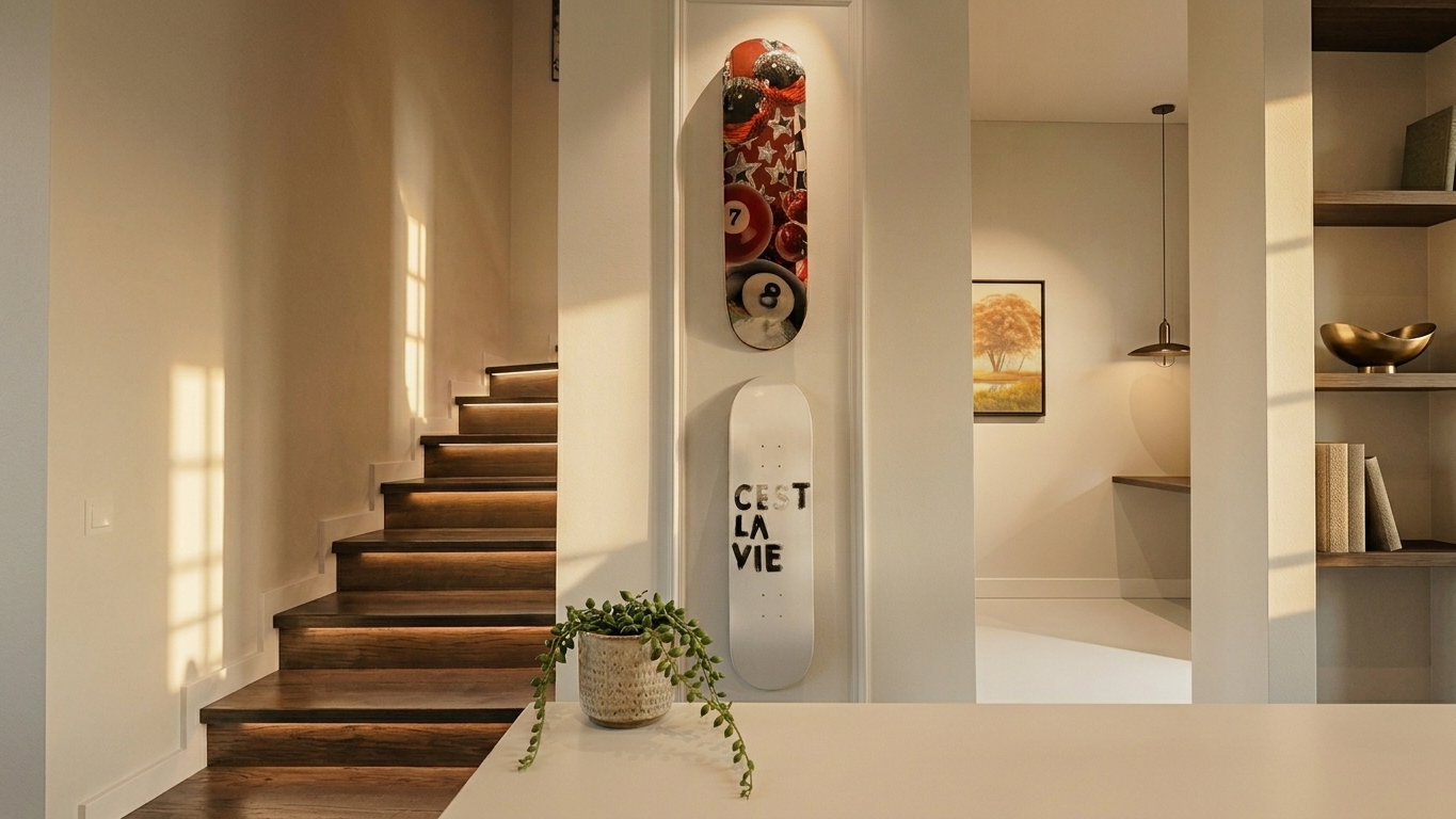 Decorative skateboard in a warm interior