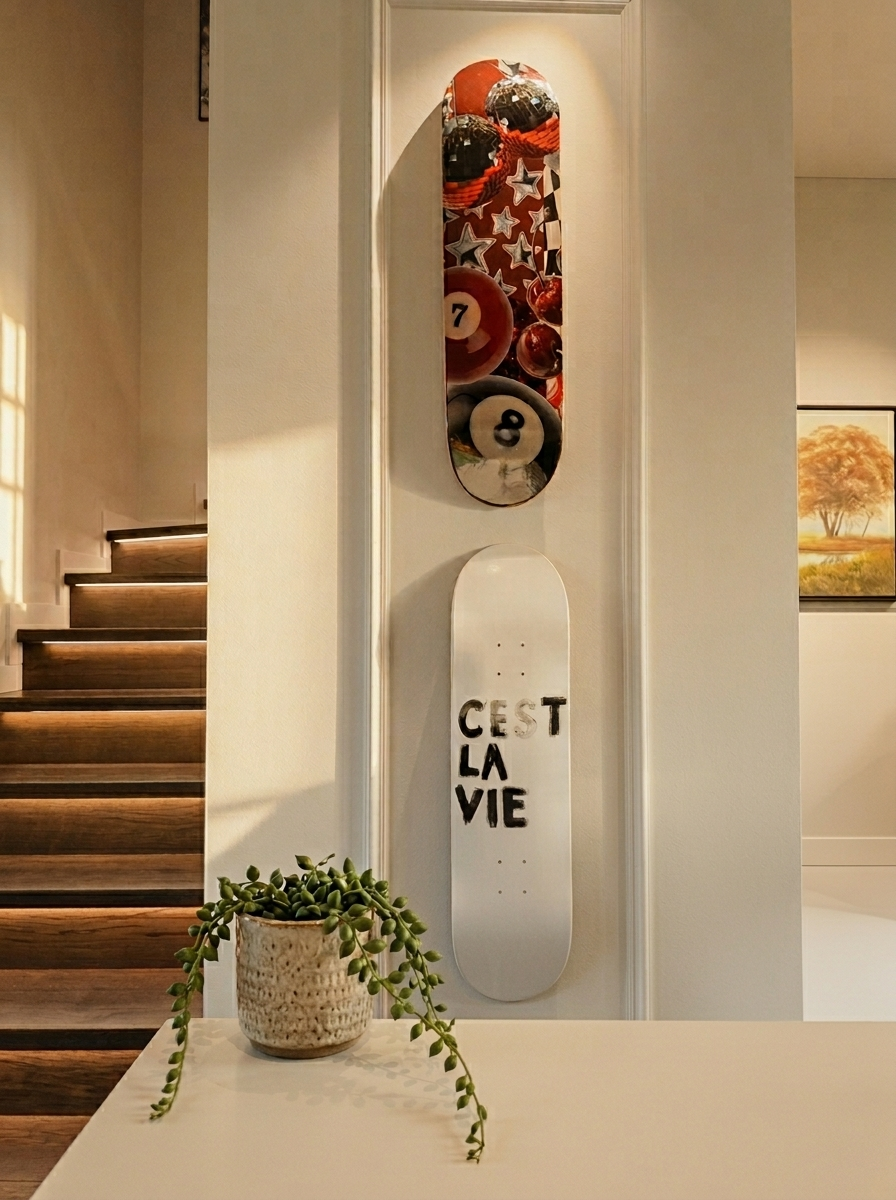 Decorative skateboard in a warm interior